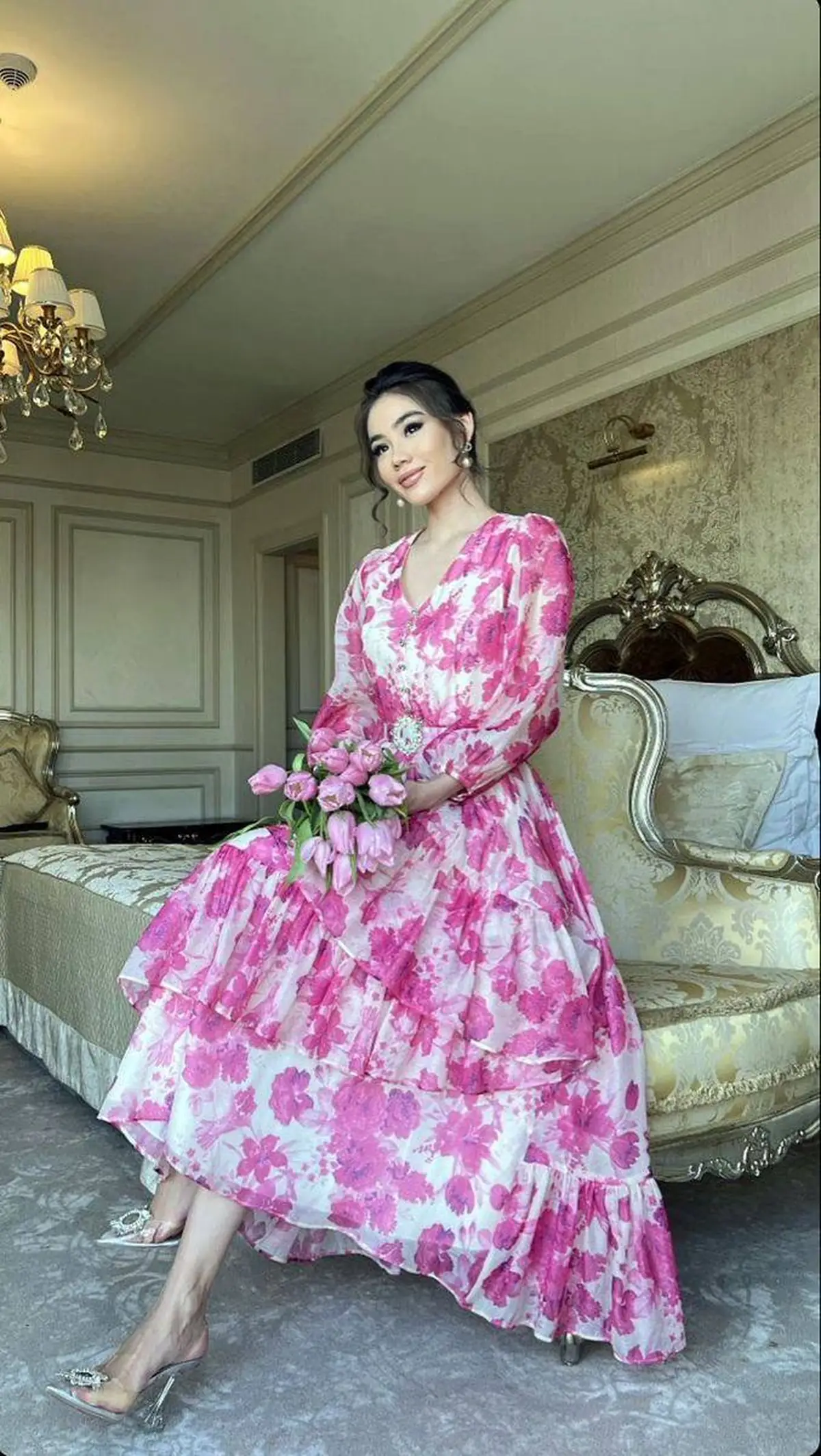 مدل لباس مجلسی با پارچه گلدار و ساده 