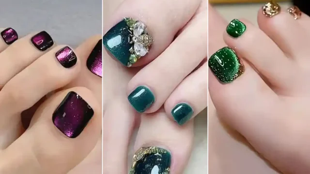 طرح ناخن پا | ۱۵ عکس لاکچری برای ناخن پا براق و مجلسی با طراحی اکلیلی و هولوگرامی