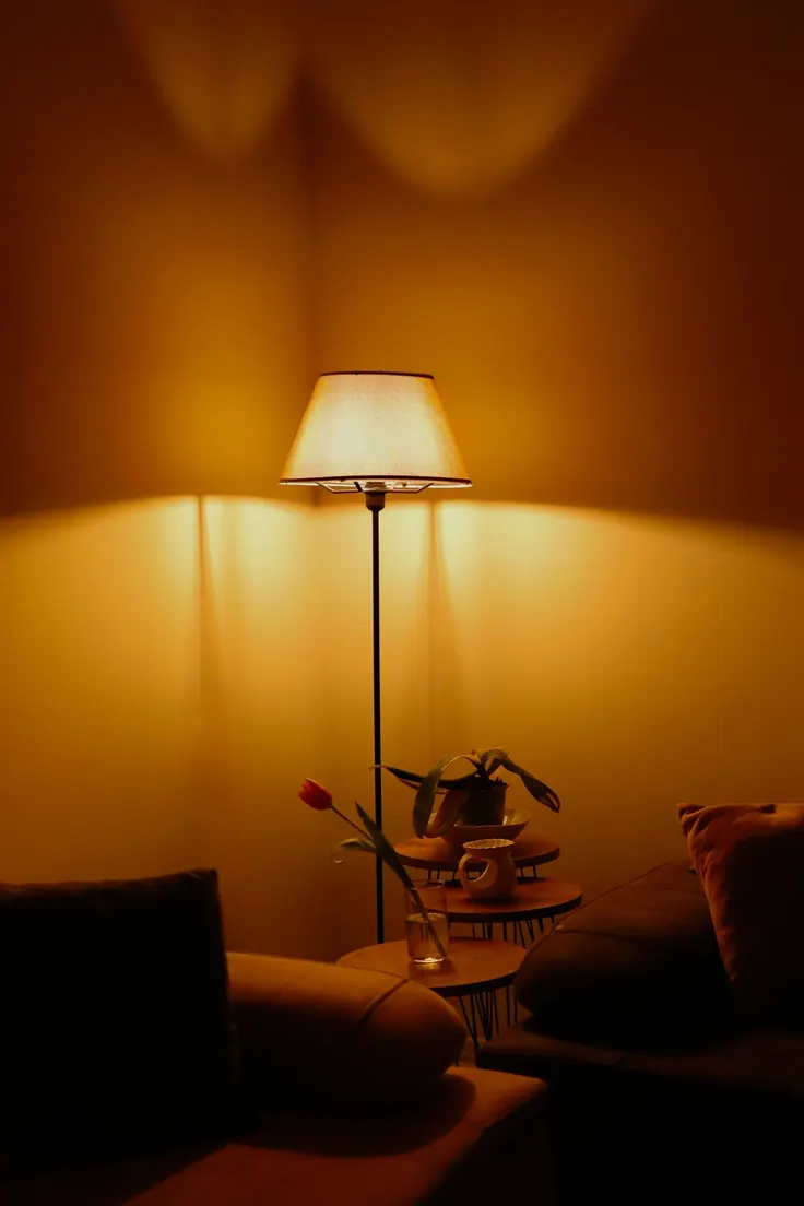 نور گرم چراغ ایستاده در گوشه پذیرایی