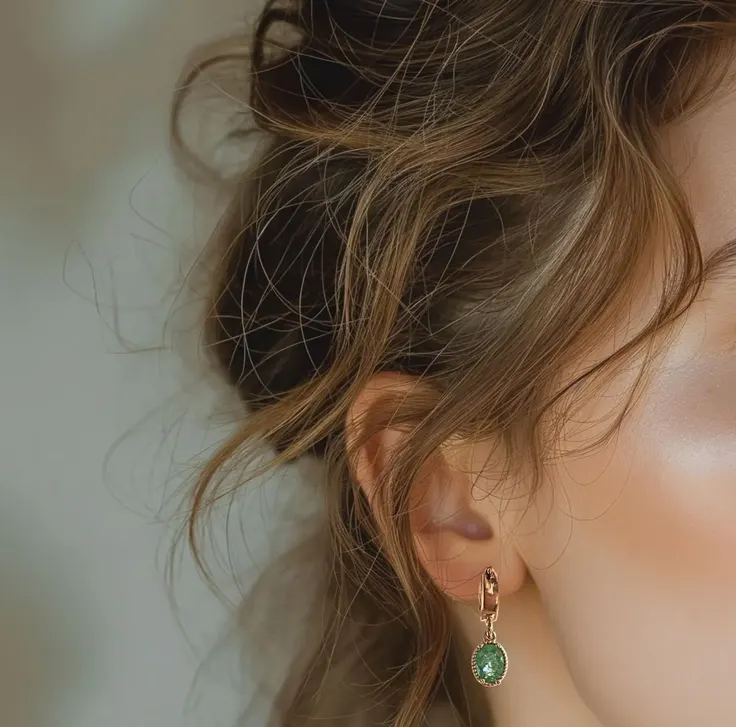 گوشواره حلقه‌ای طلا با آویز نگین سبز