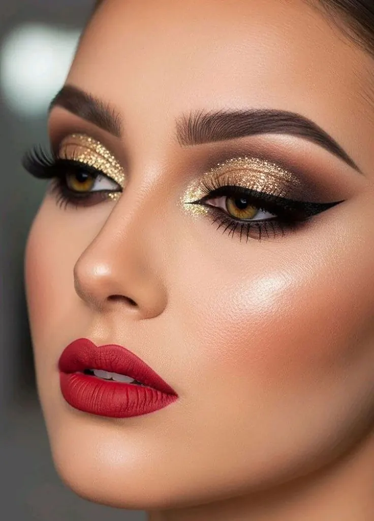 مدل چشم دودی قهوه‌ای با رژ لب قرمز مات